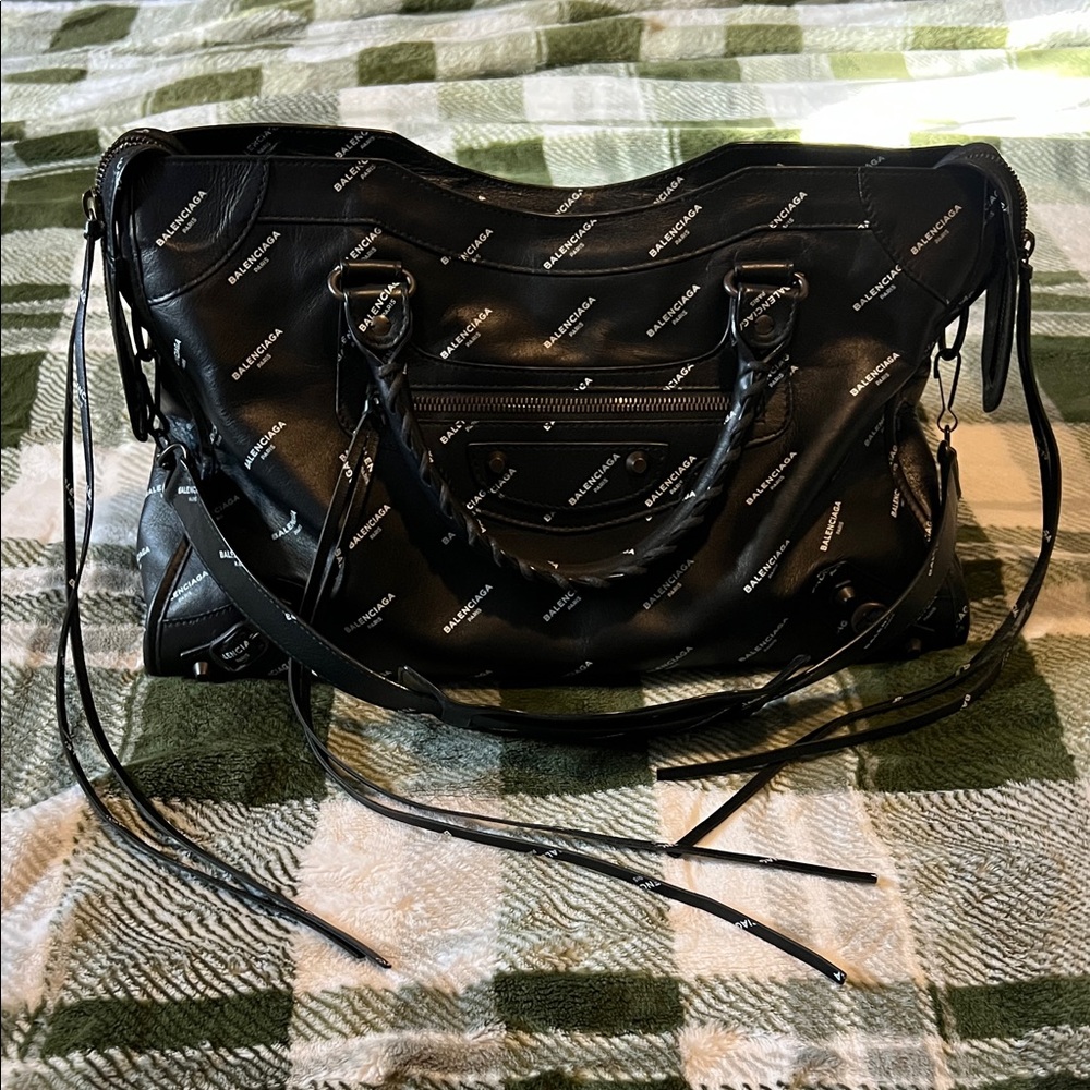 Authentic Balenciaga veau allover logo city Shoulder Bag